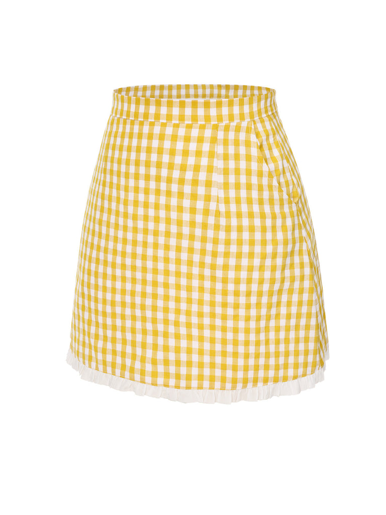 Gelb 1960er Rüschen Plaid Rock