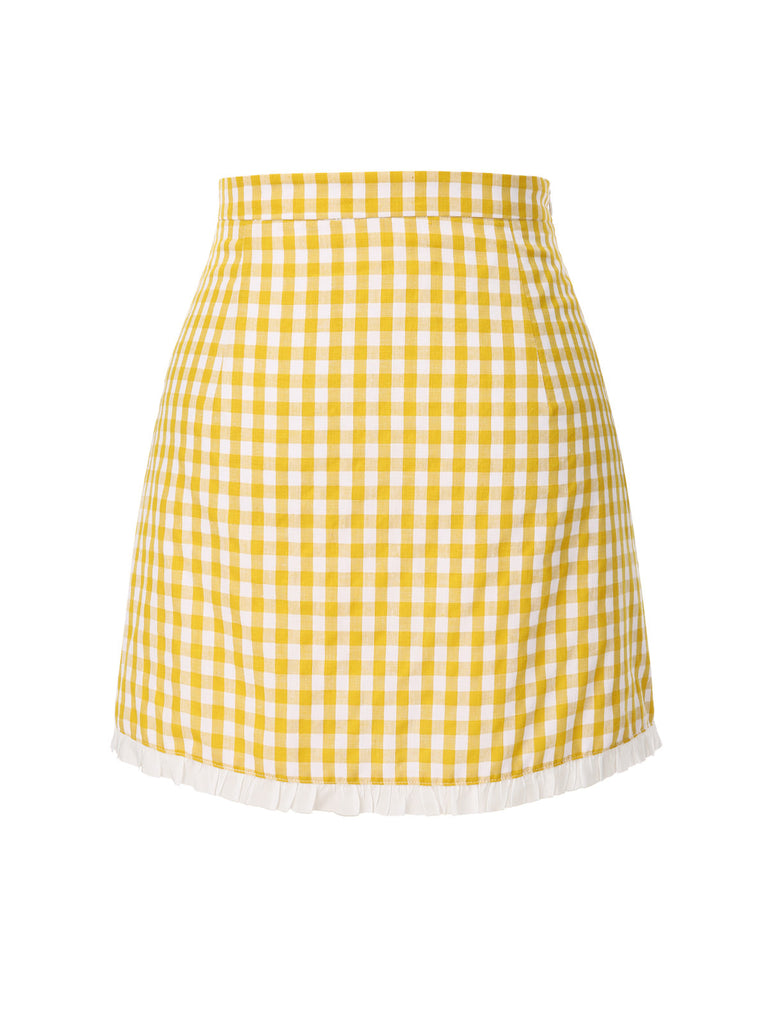 Gelb 1960er Rüschen Plaid Rock