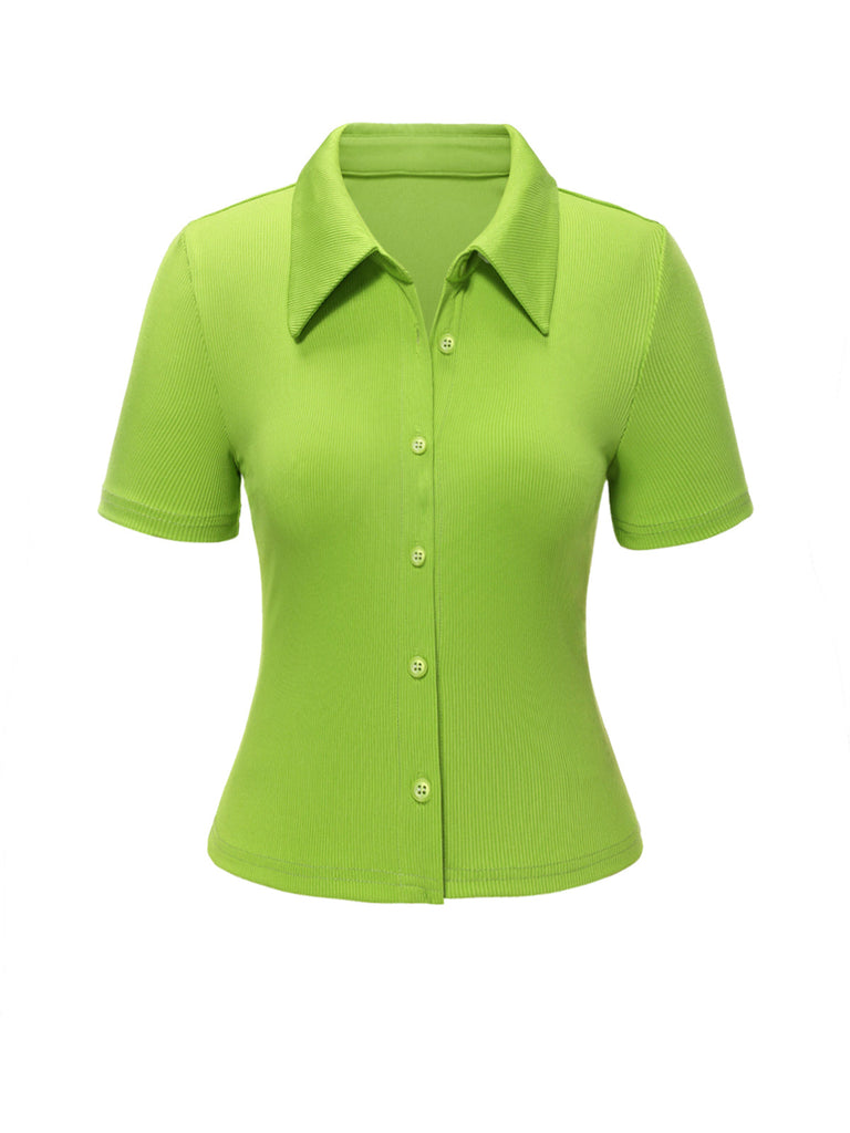 2PCS Grün 1960er Revers Stricken Bluse & Blumen Rock