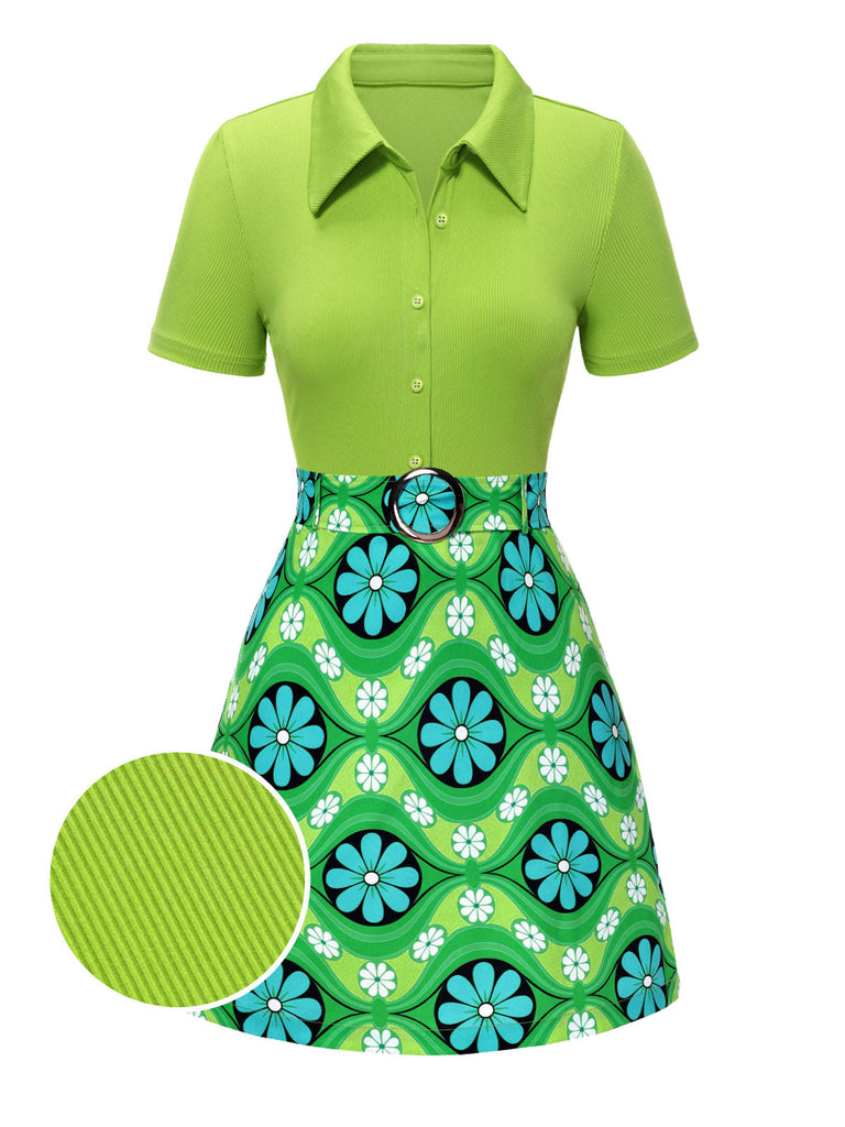 2PCS Grün 1960er Revers Stricken Bluse & Blumen Rock