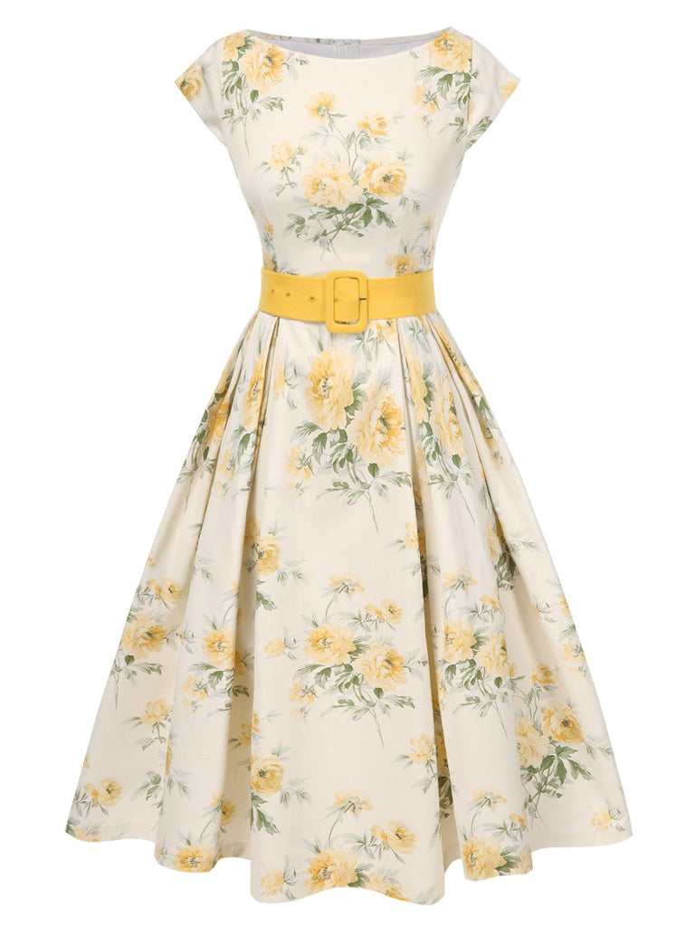 Gelb 1950er Bootskragen Antiquität Blumen Kleid