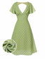 Grün 1940er Rücken-Hohl Polka Dots Kleid
