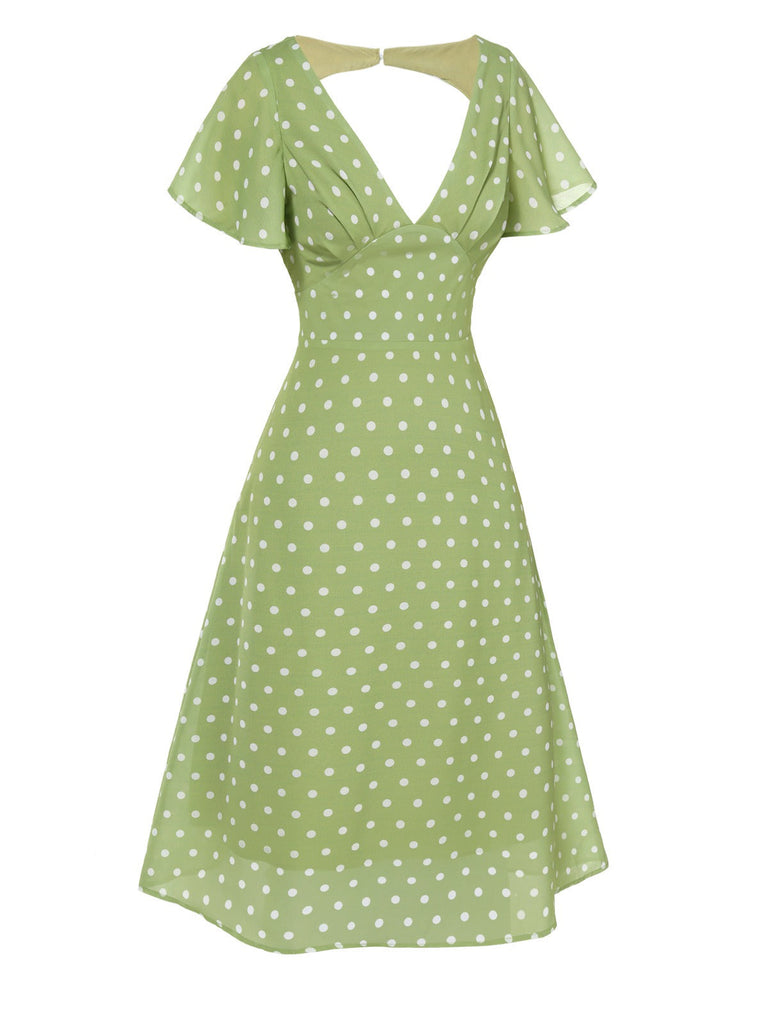 Grün 1940er Rücken-Hohl Polka Dots Kleid