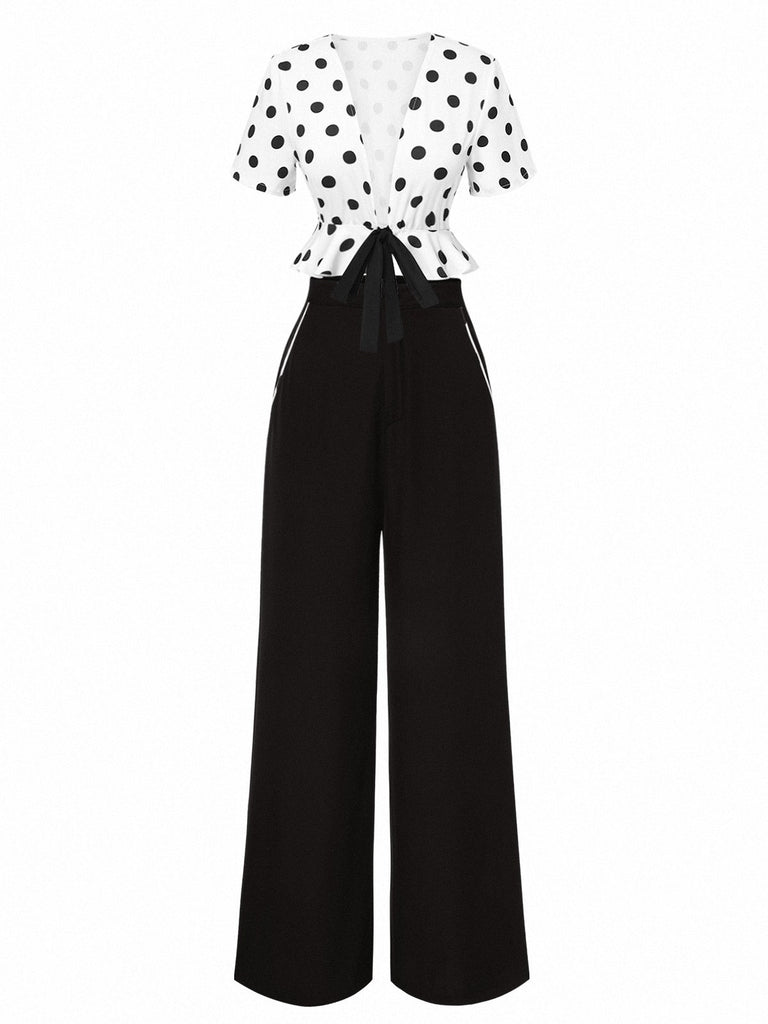 2PCS 1950er Tief V-Ausschnitt Polka Dots Top & Gerades Bein Hosen
