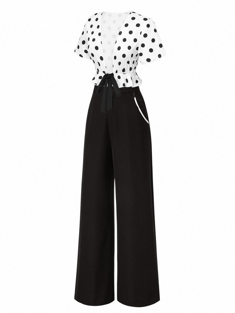 2PCS 1950er Tief V-Ausschnitt Polka Dots Top & Gerades Bein Hosen