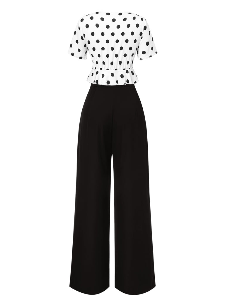 2PCS 1950er Tief V-Ausschnitt Polka Dots Top & Gerades Bein Hosen