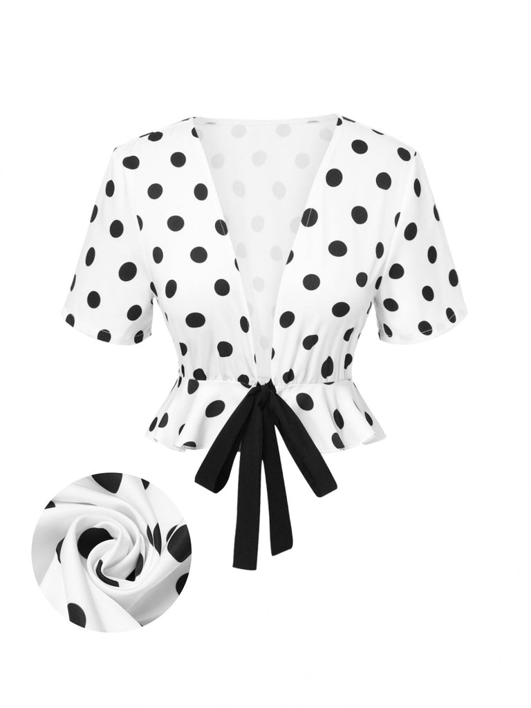 Weiß 1950er Tief V-Ausschnitt Polka Dots Top