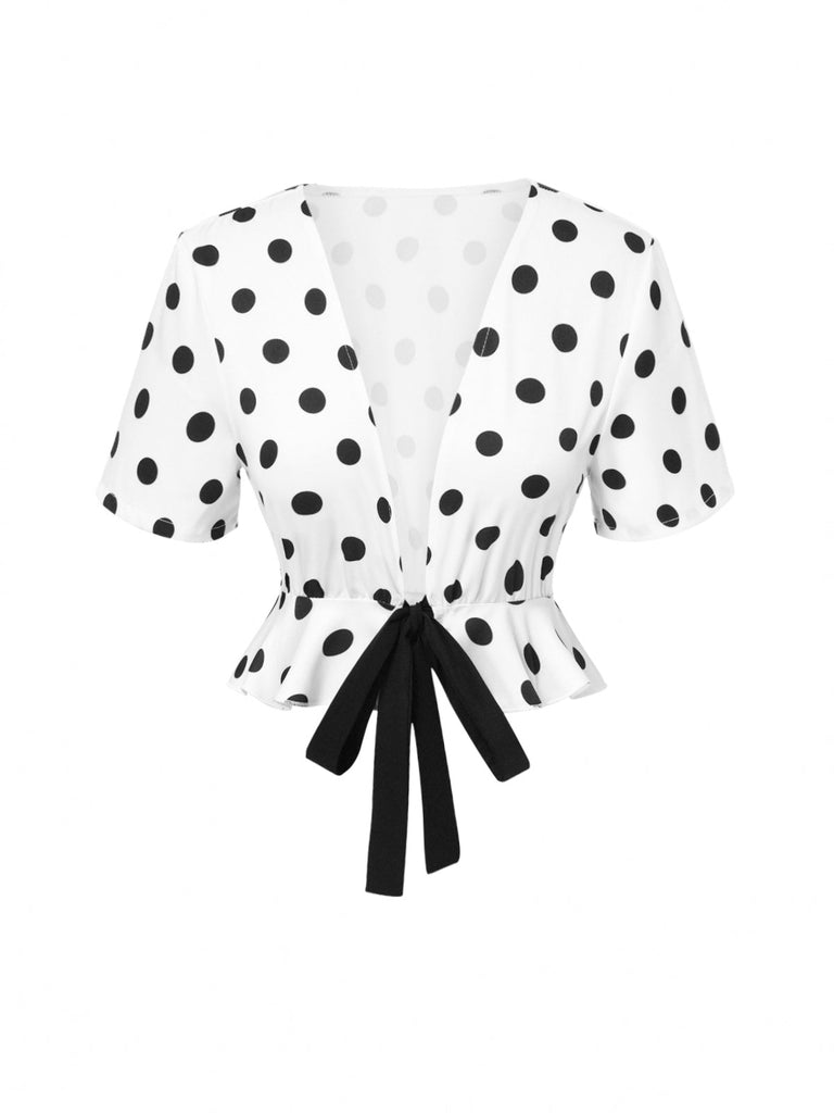 Weiß 1950er Tief V-Ausschnitt Polka Dots Top