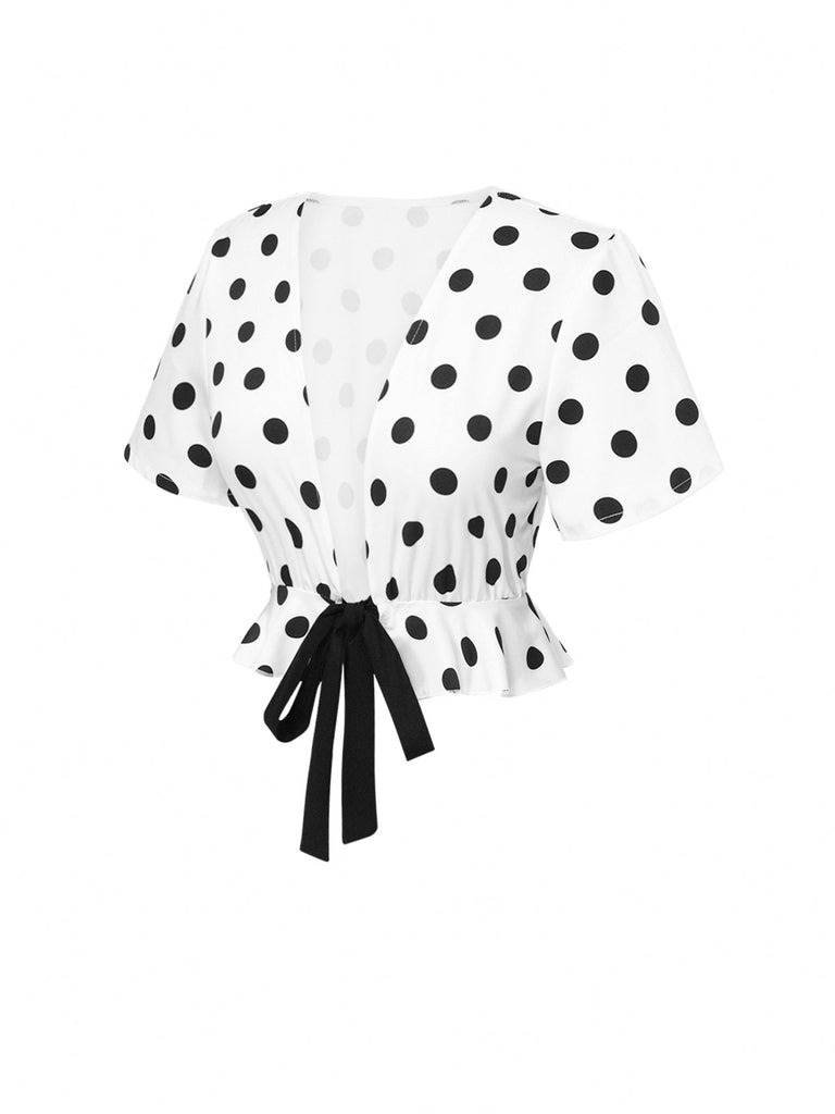 Weiß 1950er Tief V-Ausschnitt Polka Dots Top
