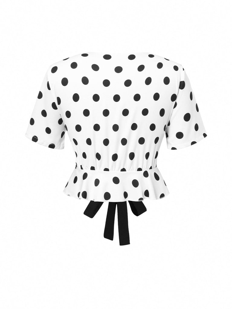 Weiß 1950er Tief V-Ausschnitt Polka Dots Top