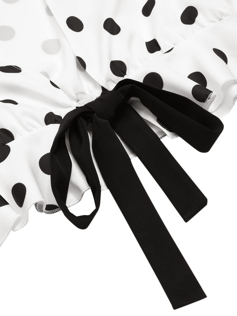 2PCS 1950er Tief V-Ausschnitt Polka Dots Top & Gerades Bein Hosen