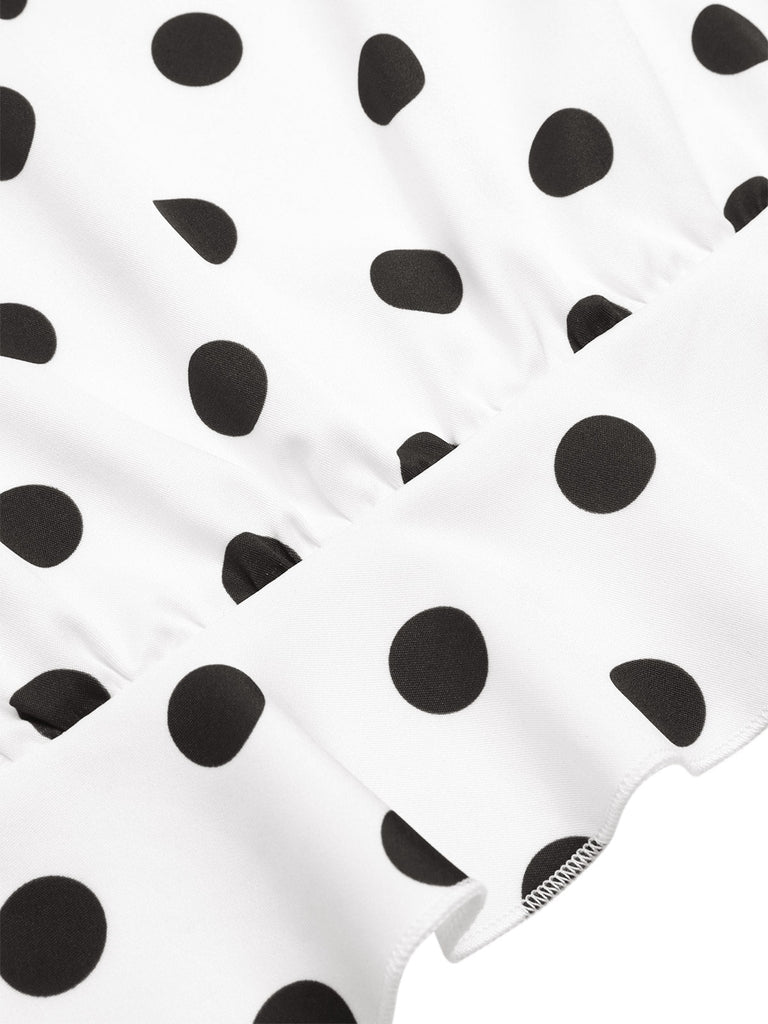 Weiß 1950er Tief V-Ausschnitt Polka Dots Top