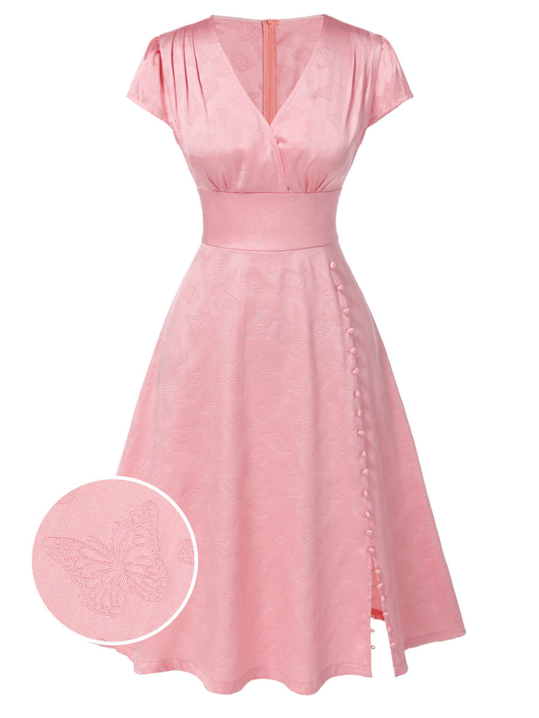 Rosa 1940er Tief V-Ausschnitt Schmetterling Satin Kleid