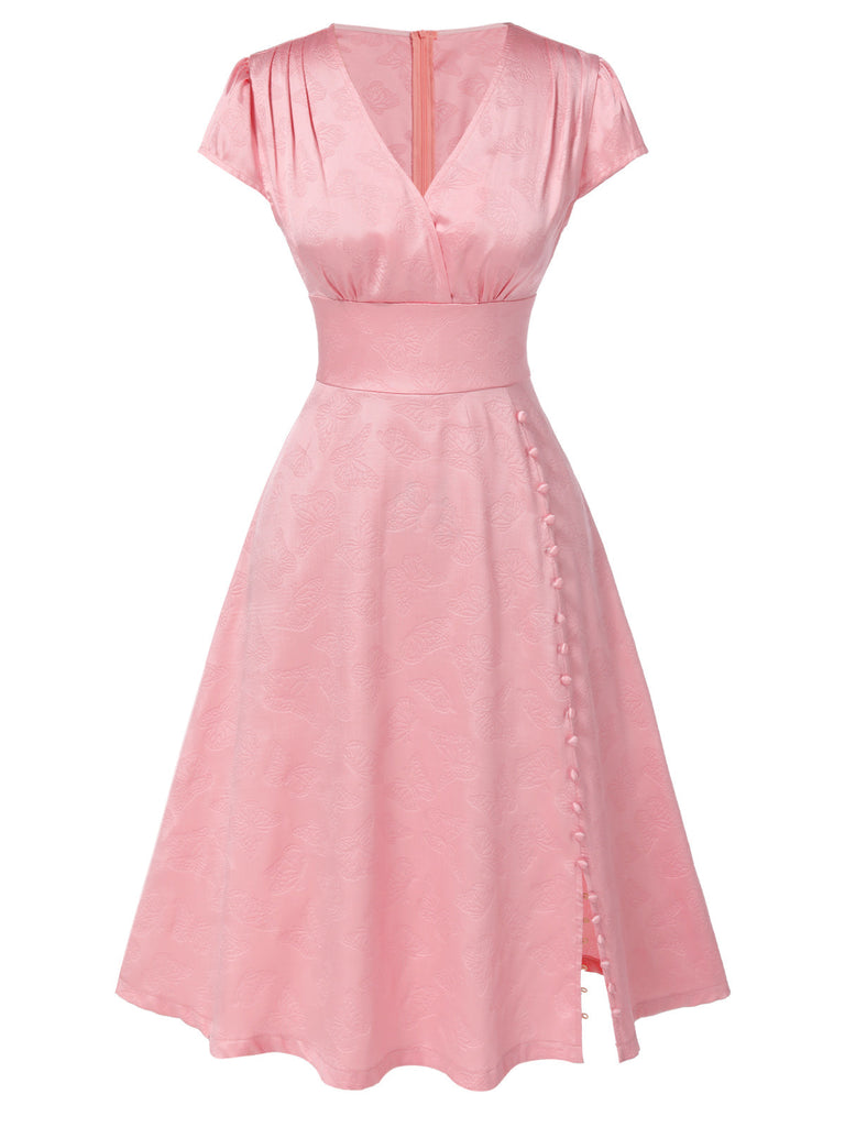 Rosa 1940er Tief V-Ausschnitt Schmetterling Satin Kleid
