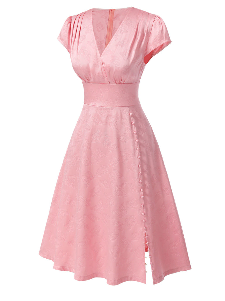 Rosa 1940er Tief V-Ausschnitt Schmetterling Satin Kleid