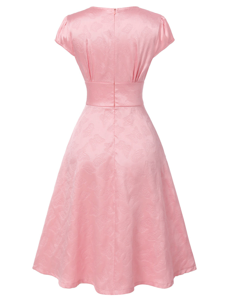 Rosa 1940er Tief V-Ausschnitt Schmetterling Satin Kleid