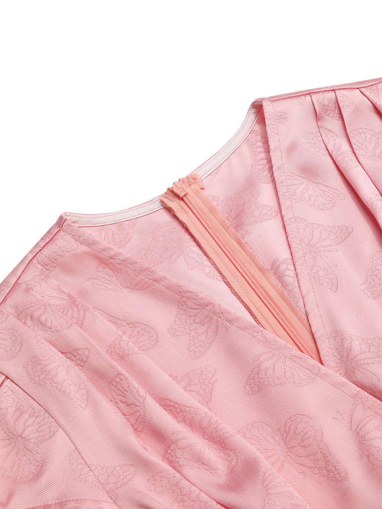 Rosa 1940er Tief V-Ausschnitt Schmetterling Satin Kleid