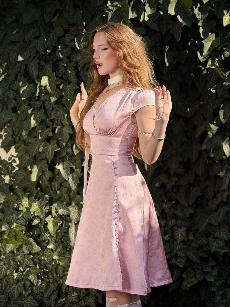 Rosa 1940er Tief V-Ausschnitt Schmetterling Satin Kleid