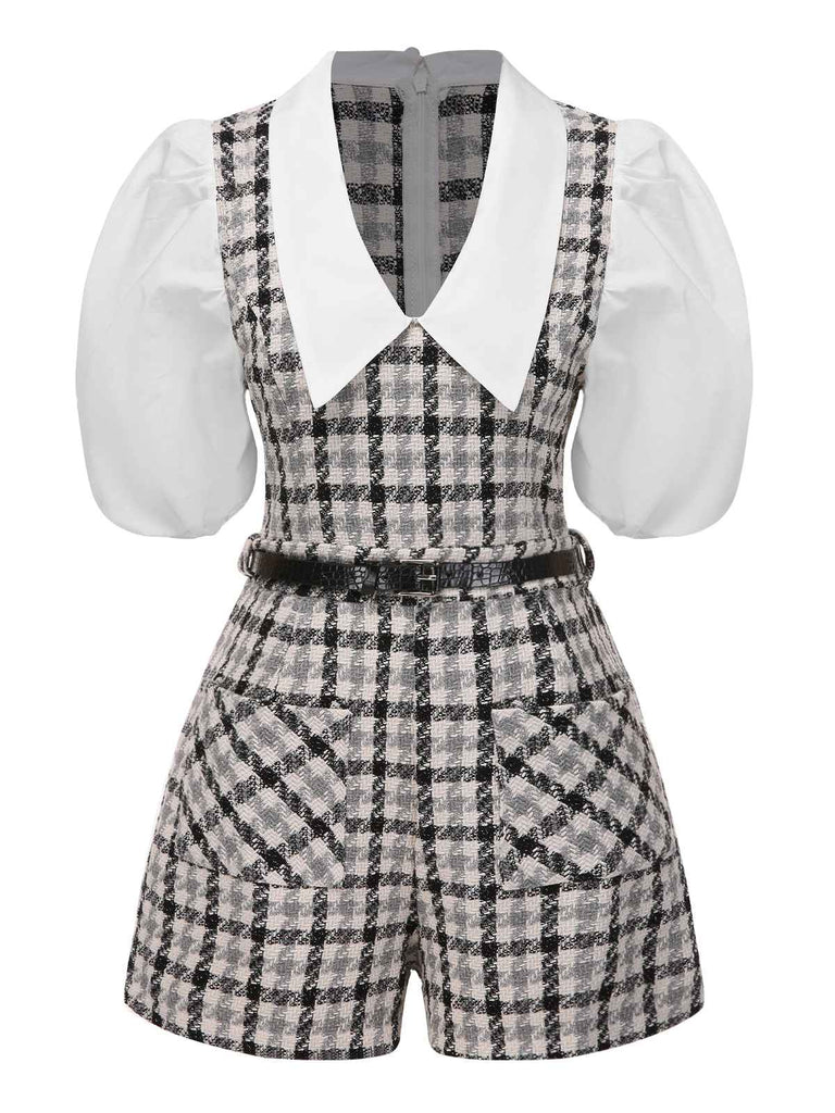Schwarz & Weiß 1970er Revers Plaid Gürtel Romper
