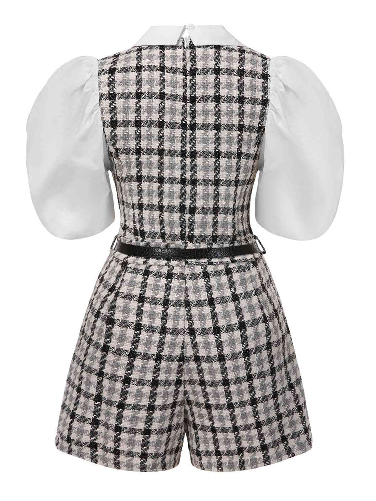 Schwarz & Weiß 1970er Revers Plaid Gürtel Romper