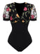 Schwarz 1970er V-Ausschnitt Bestickt Blumen Bodysuit