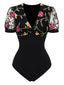Schwarz 1970er V-Ausschnitt Bestickt Blumen Bodysuit
