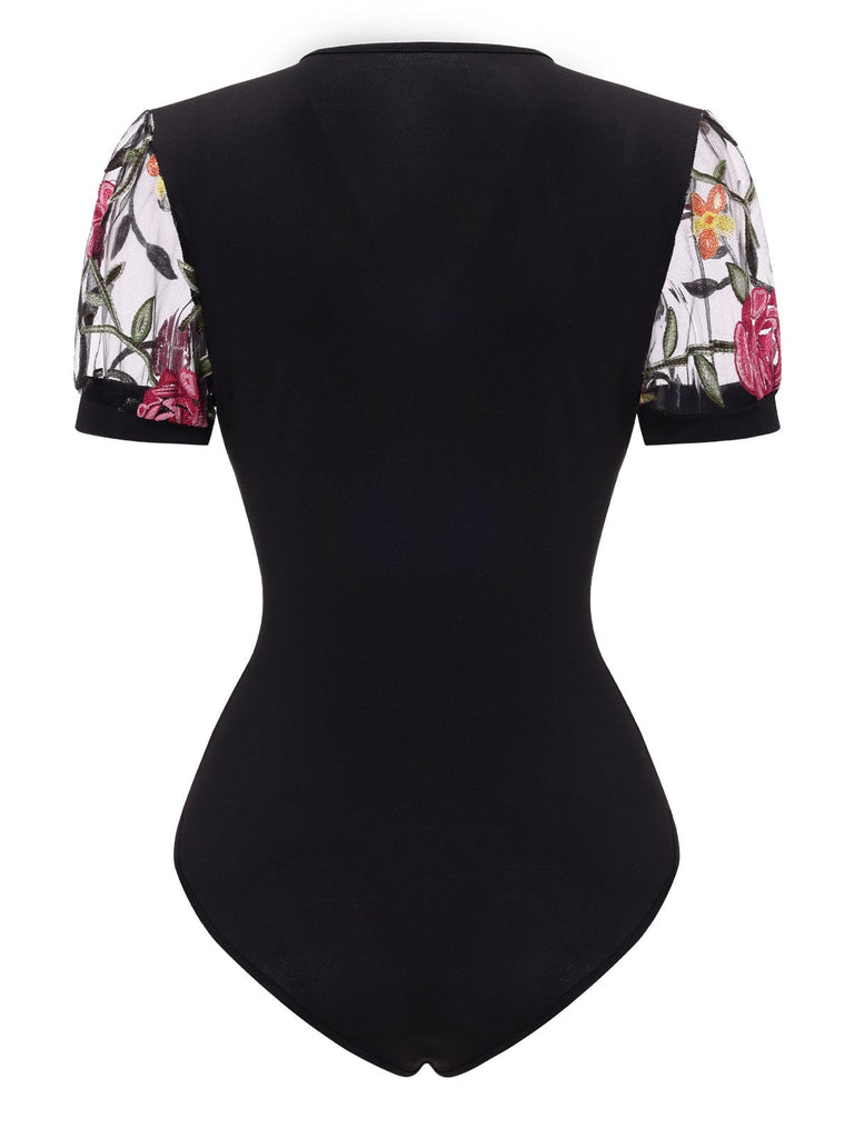 Schwarz 1970er V-Ausschnitt Bestickt Blumen Bodysuit