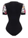Schwarz 1970er V-Ausschnitt Bestickt Blumen Bodysuit