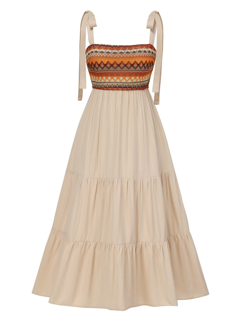 Beige 1950er Boho-Stil Schulterkrawatte Kleid