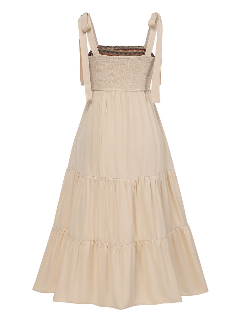 Beige 1950er Boho-Stil Schulterkrawatte Kleid