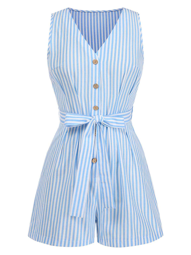 1950er V-Ausschnitt Streifen Ärmellos Gürtel Romper