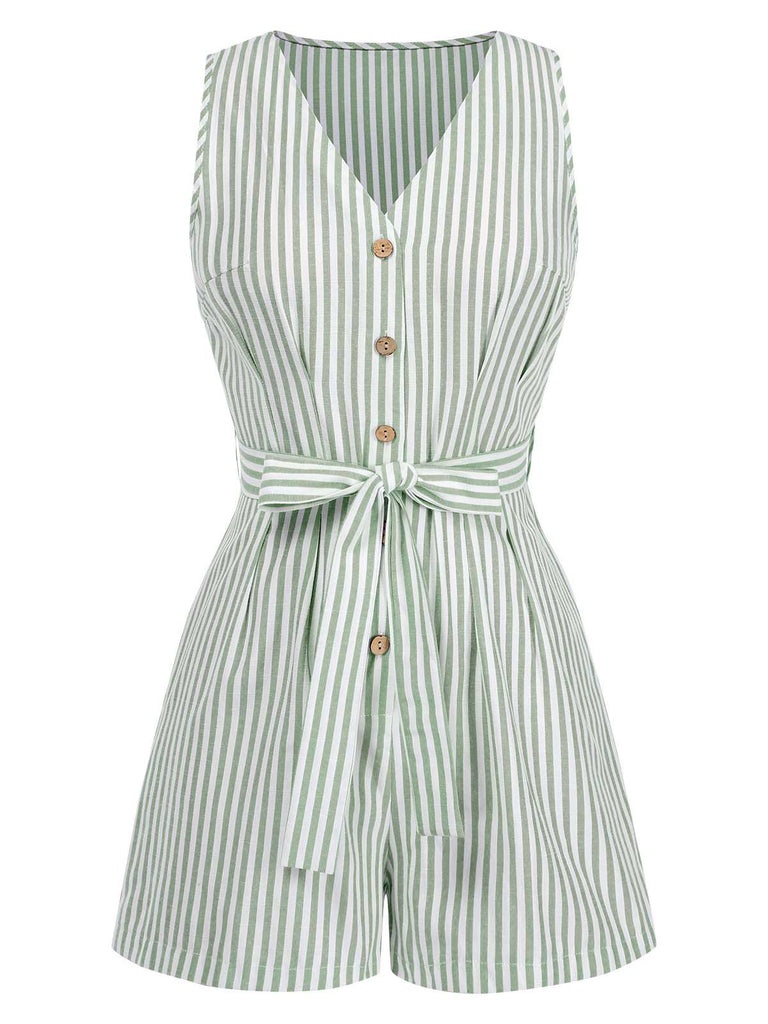 1950er V-Ausschnitt Streifen Ärmellos Gürtel Romper