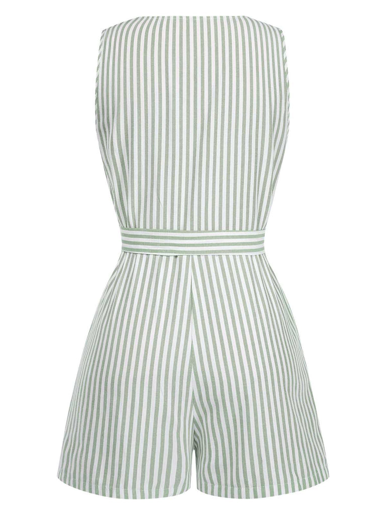 1950er V-Ausschnitt Streifen Ärmellos Gürtel Romper