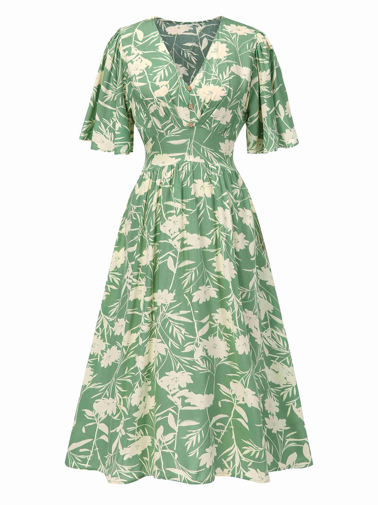Grün 1940er V-Ausschnitt Silhouette Blumen Kleid