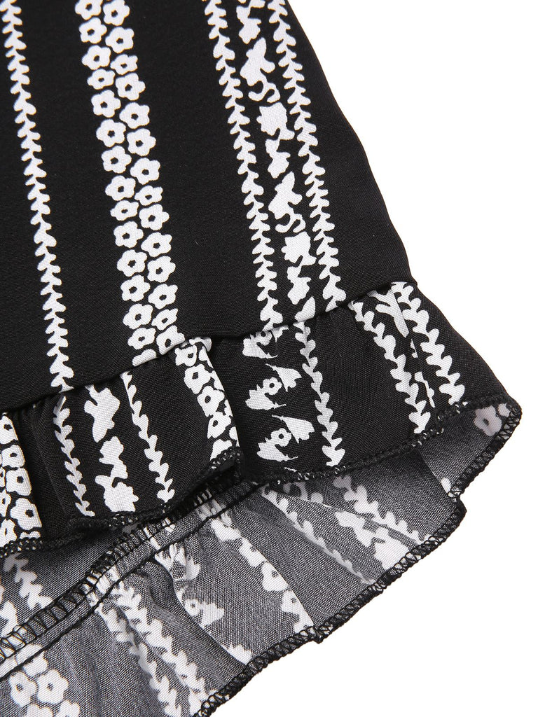 Schwarz 1970er Boho Streifen Bandeau Gesmokt Romper