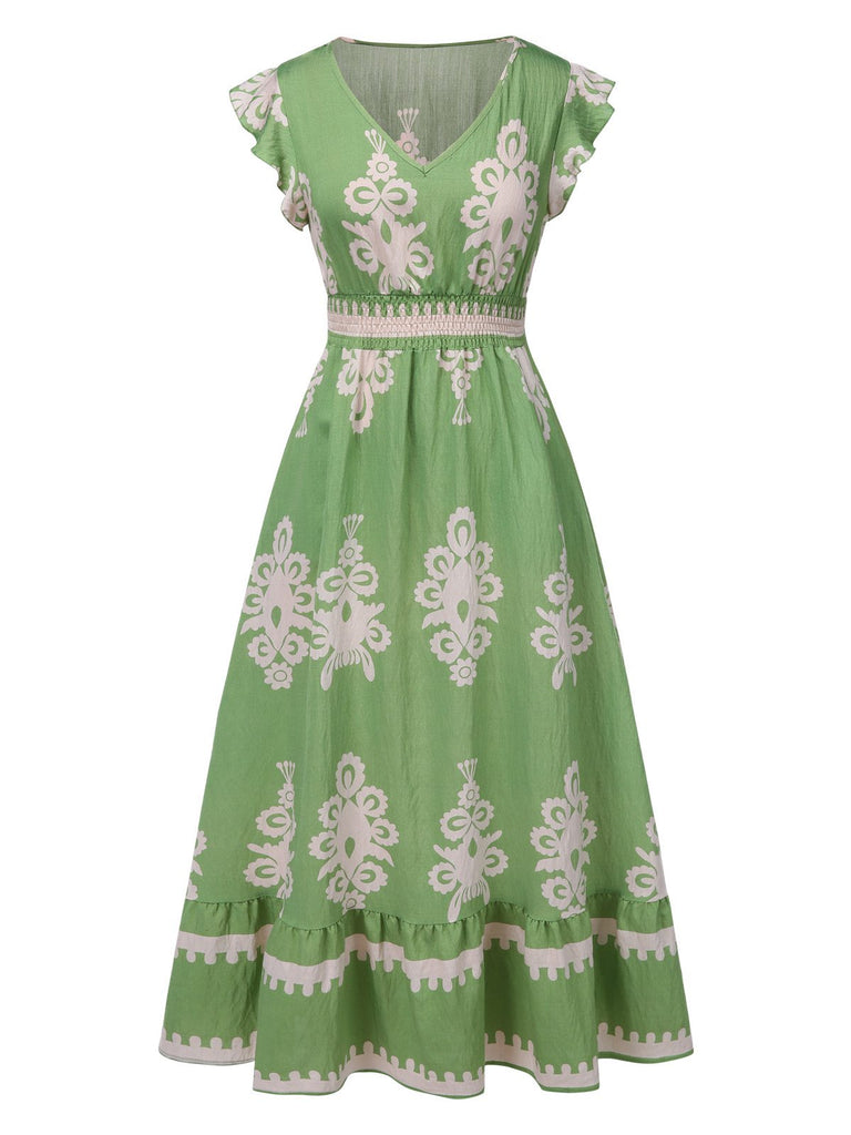 1970er V-Ausschnitt Stammesmuster Boho Kleid