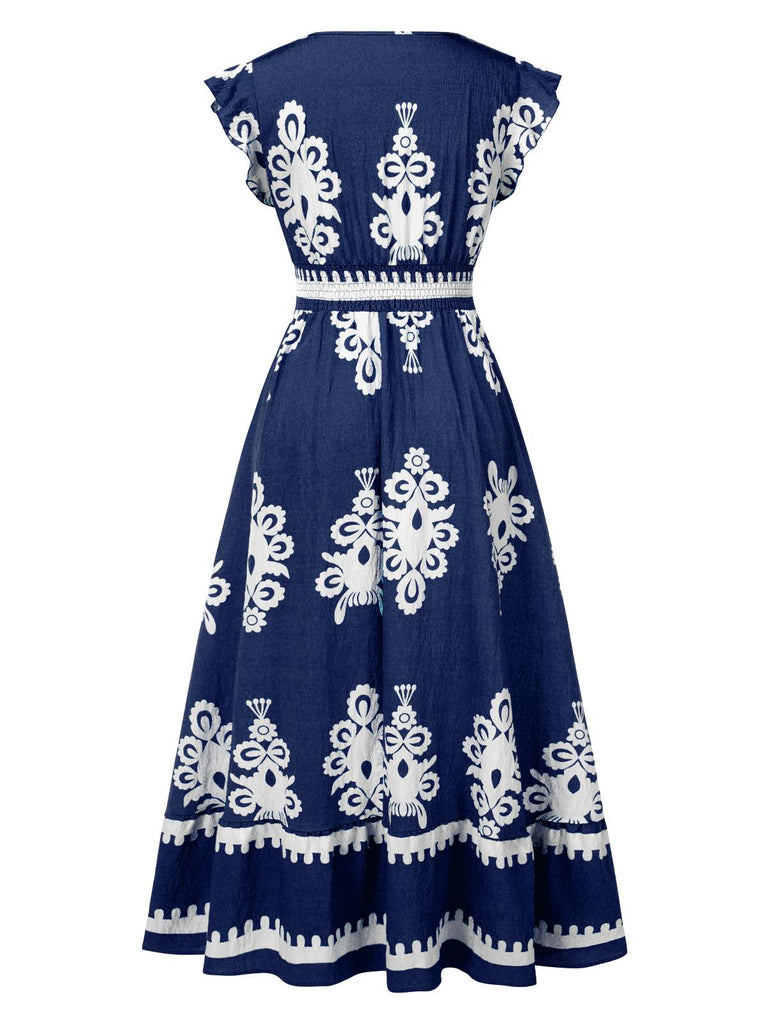 1970er V-Ausschnitt Stammesmuster Boho Kleid