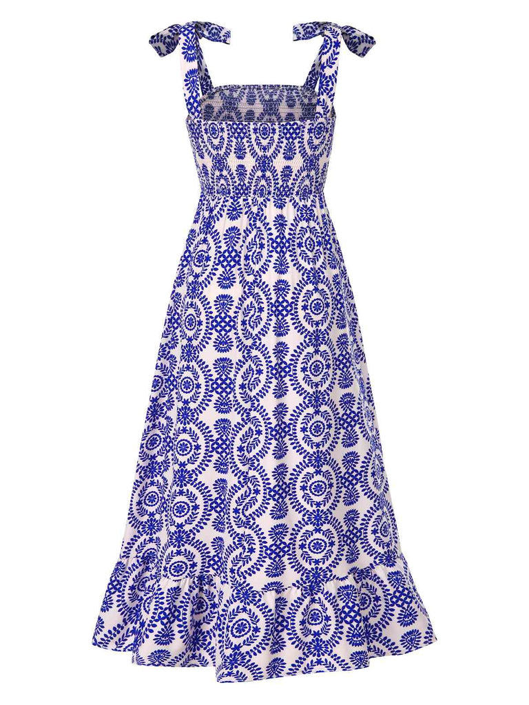 Blau 1970er Bohemien Träger Ärmellos Kleid
