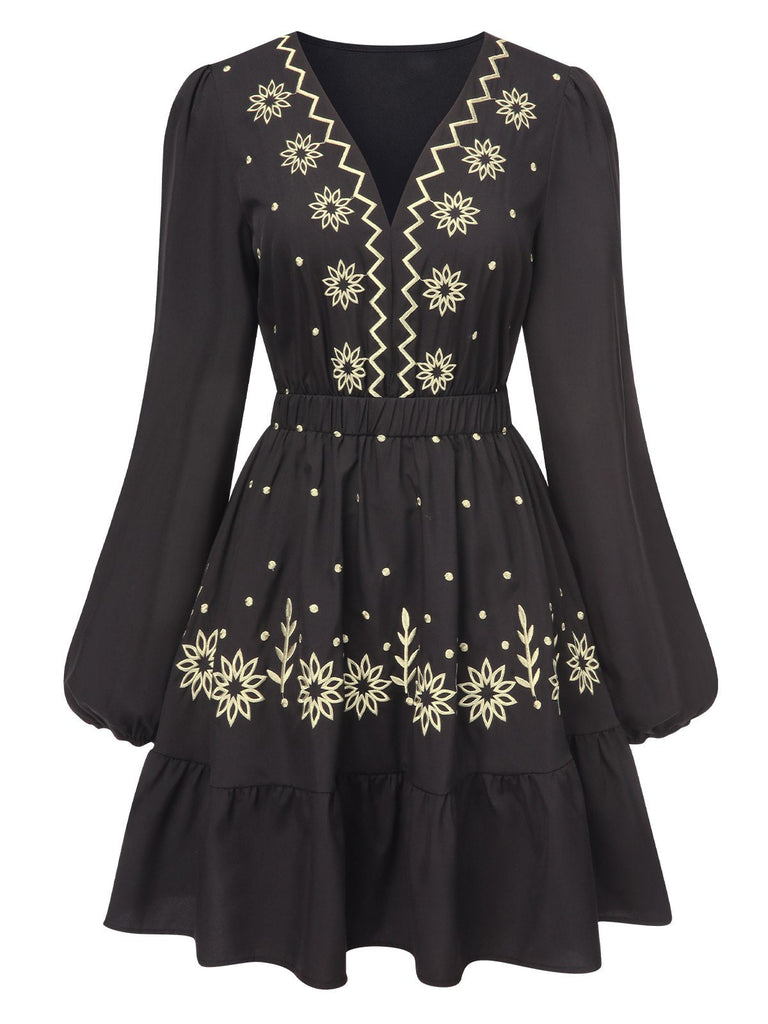 Schwarz 1940er Tief-V Besticktes Blumen Kleid
