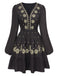Schwarz 1940er Tief-V Besticktes Blumen Kleid