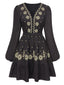 Schwarz 1940er Tief-V Besticktes Blumen Kleid