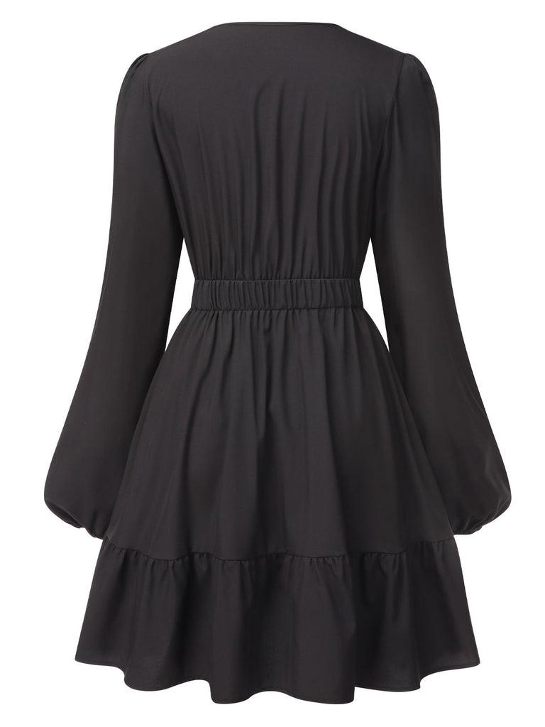 Schwarz 1940er Tief-V Besticktes Blumen Kleid
