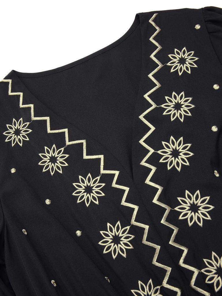 Schwarz 1940er Tief-V Besticktes Blumen Kleid