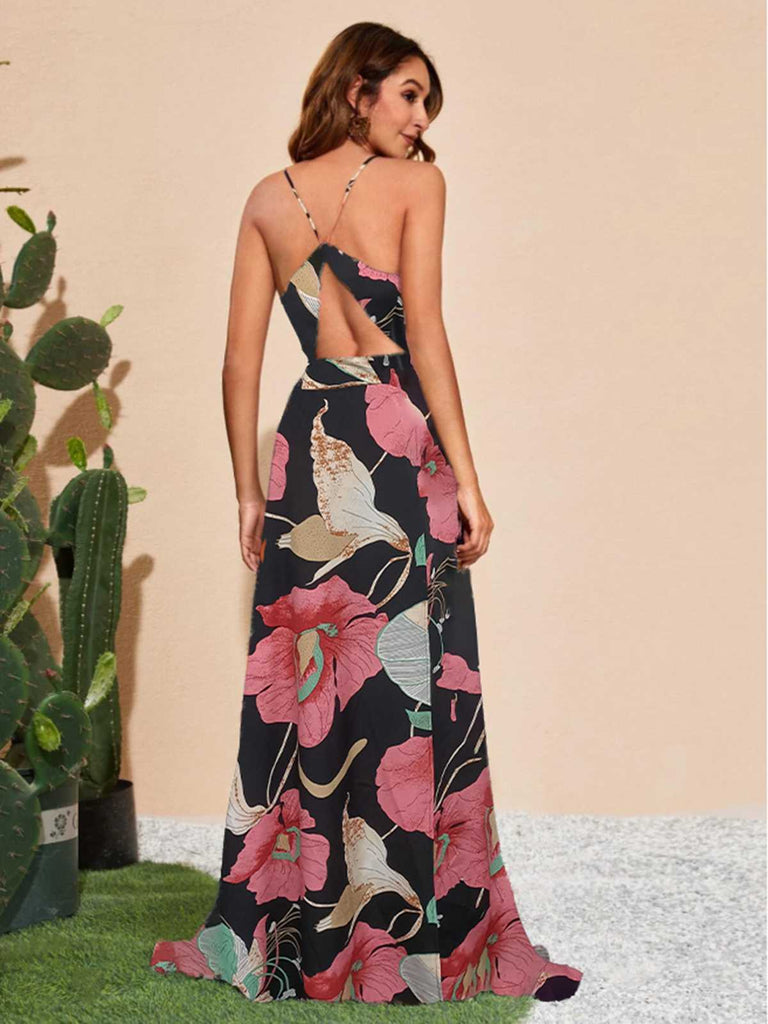 1970er Spaghetti Träger V-Ausschnitt Blumen Boho Kleid