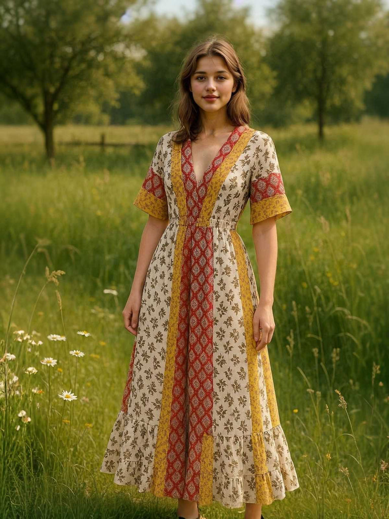 Gelb 1970er Bohemien Blumen Stammesmuster Jumpsuit