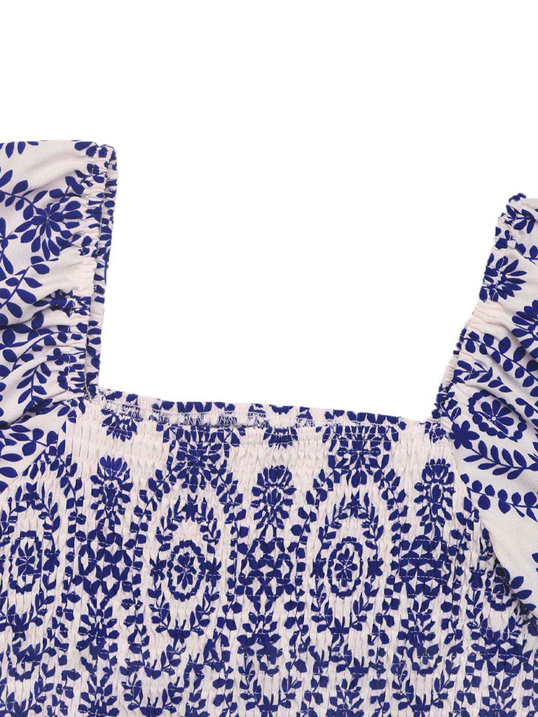 Blau 1930er Stammesdrucke Quadratischer Hals Romper