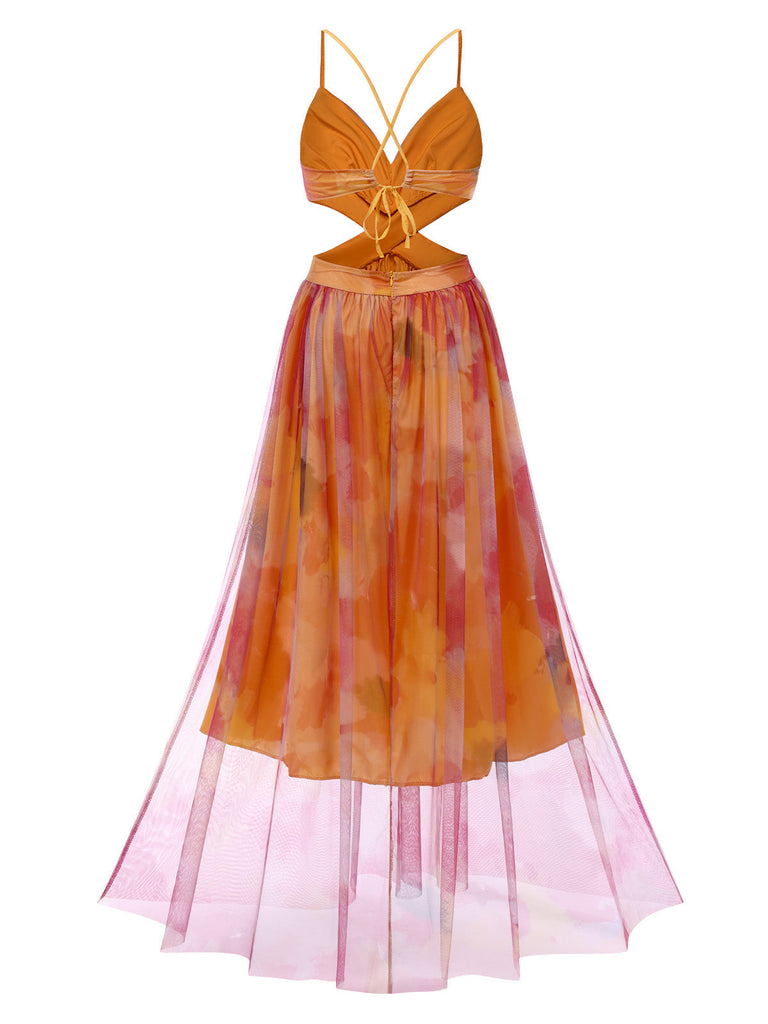 Multicolor 1970er Bohemien Zurück-Binden Blumen Netz Kleid