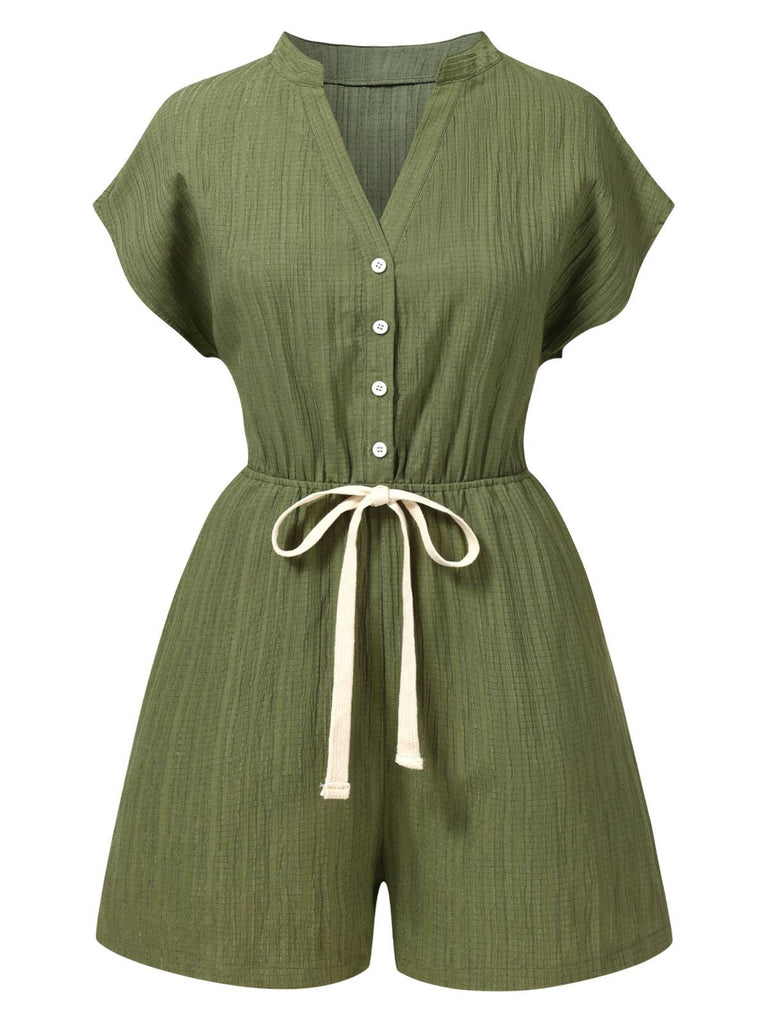 Grün 1950er V-Ausschnitt Strukturiertes Tasche Romper