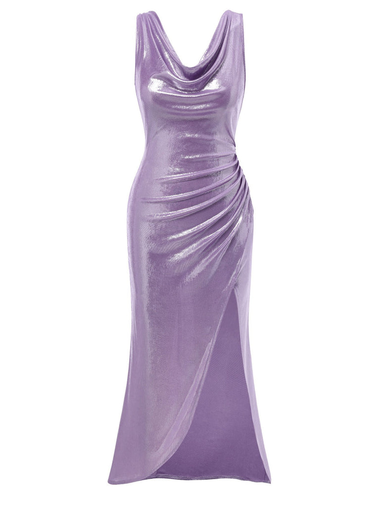 Lavendel 1960er Wasserfallausschnitt Hoher-Schlitz Perlglanz Kleid