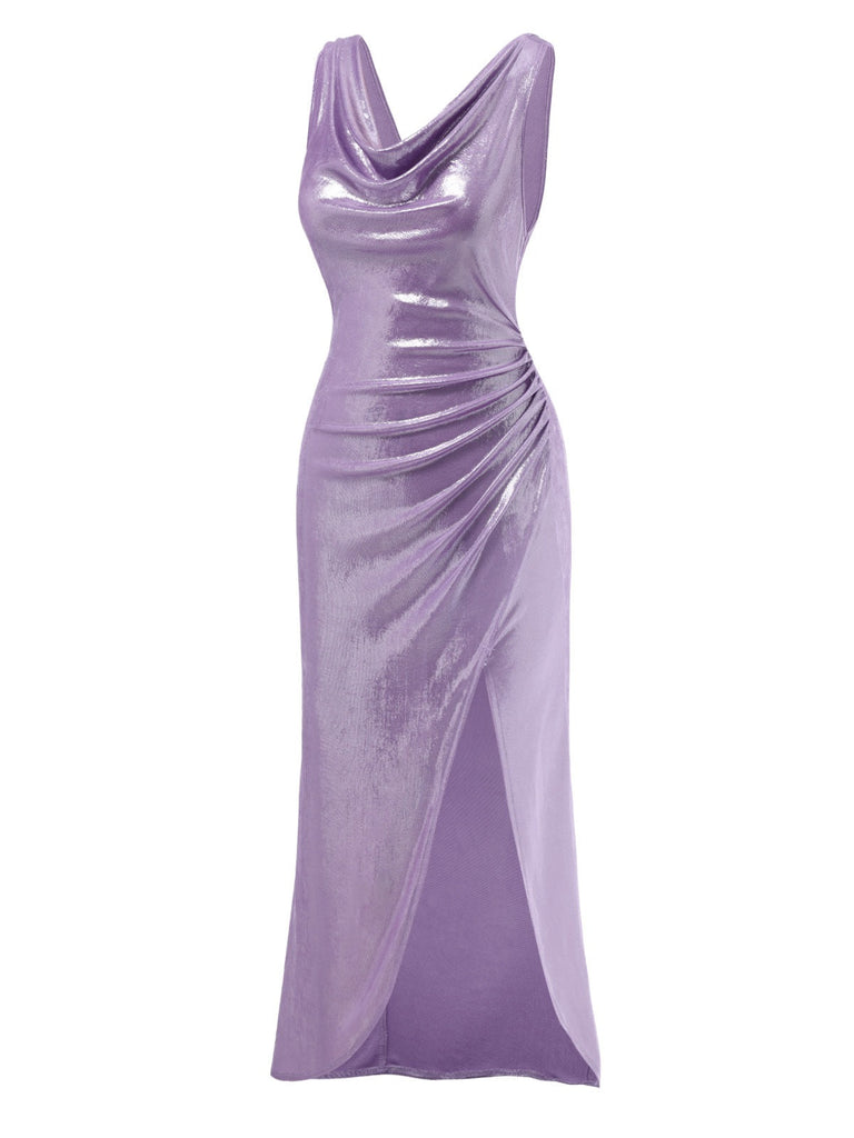Lavendel 1960er Wasserfallausschnitt Hoher-Schlitz Perlglanz Kleid